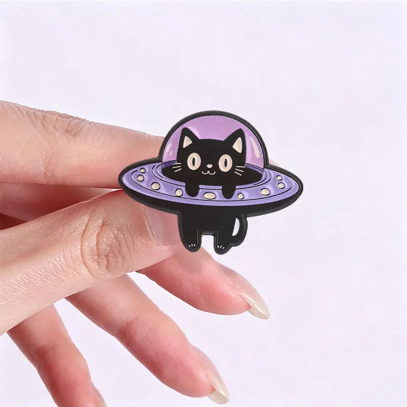 UFO & Black Cat Enamel Pin — Abduction Lapel Badge