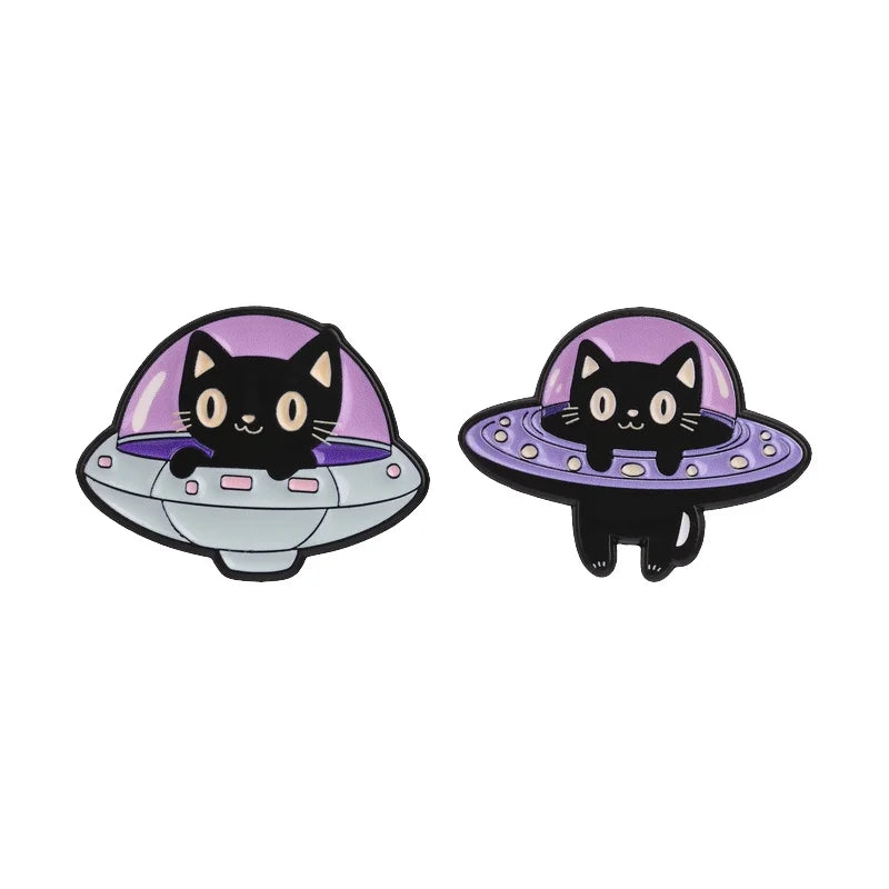 UFO & Black Cat Enamel Pin — Abduction Lapel Badge