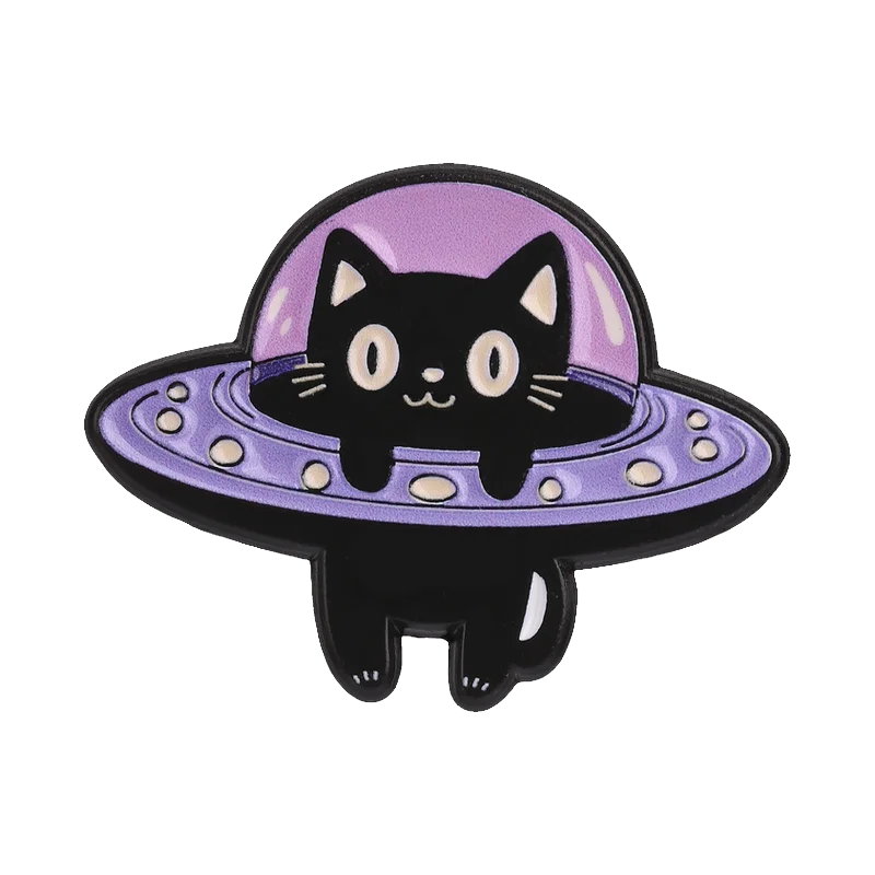 UFO & Black Cat Enamel Pin — Abduction Lapel Badge
