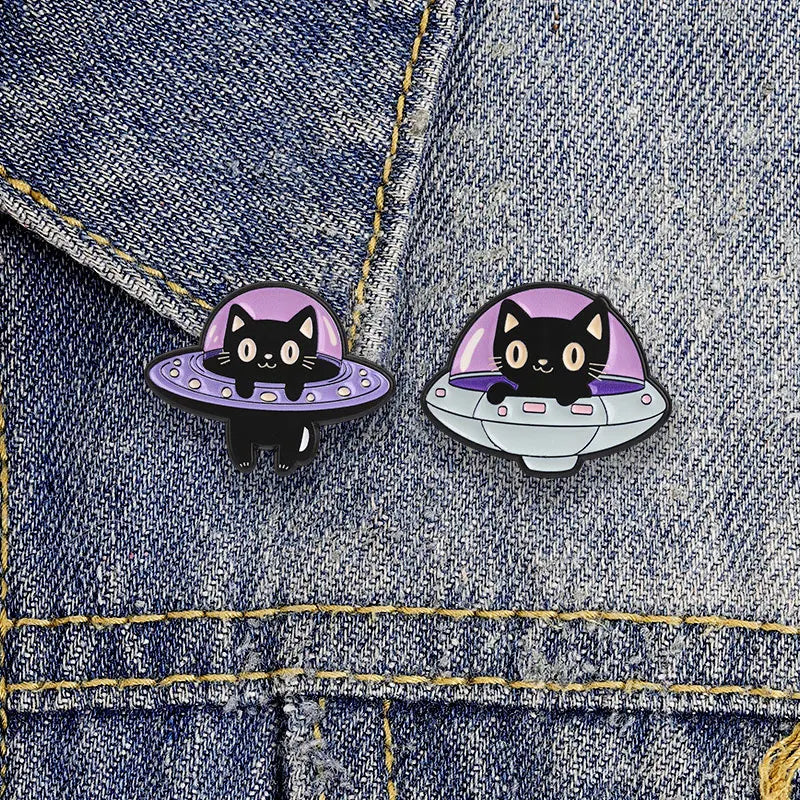 UFO & Black Cat Enamel Pin — Abduction Lapel Badge