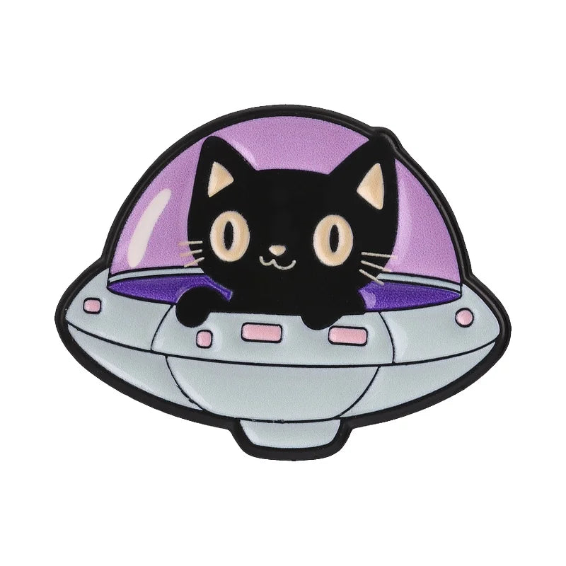 UFO & Black Cat Enamel Pin — Abduction Lapel Badge