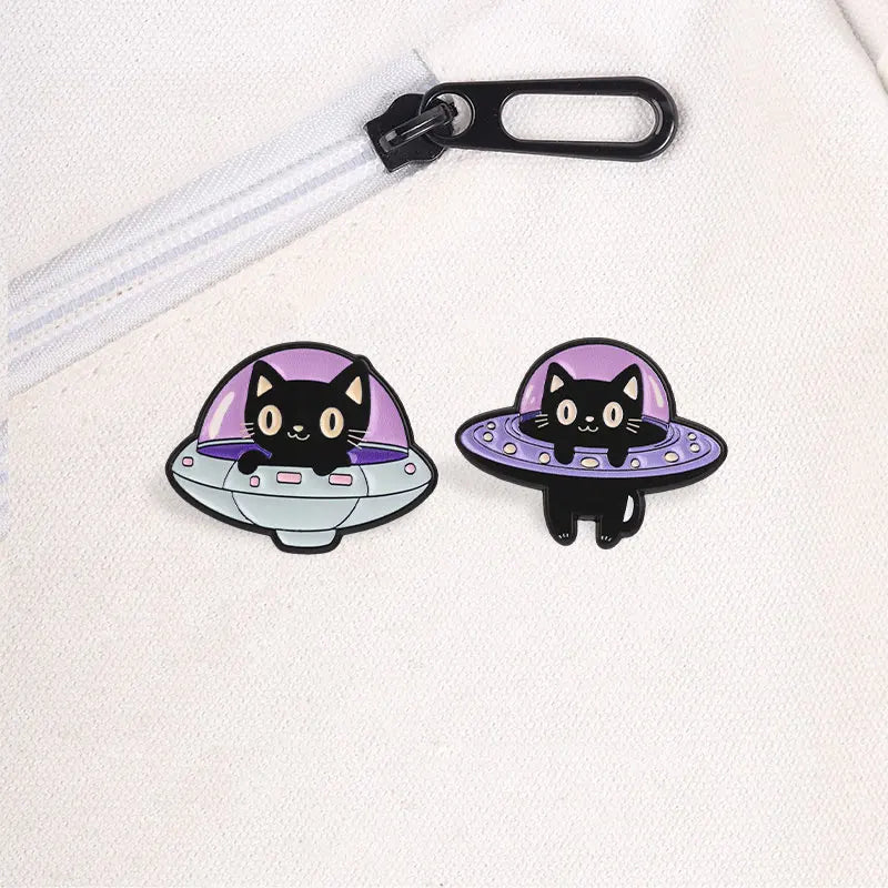 UFO & Black Cat Enamel Pin — Abduction Lapel Badge