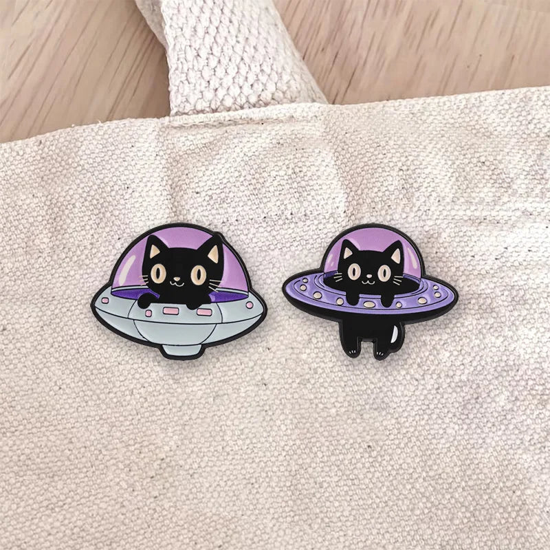 UFO & Black Cat Enamel Pin — Abduction Lapel Badge